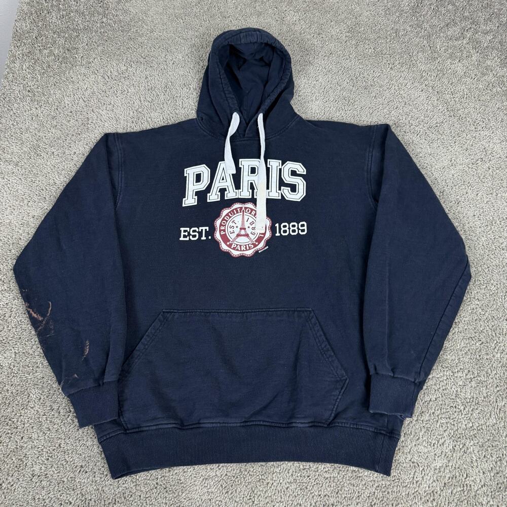 Air De Paris Hoodie Mens 2XL Navy Blue Est 1889 Eiffel Graphic Fleece Pullover